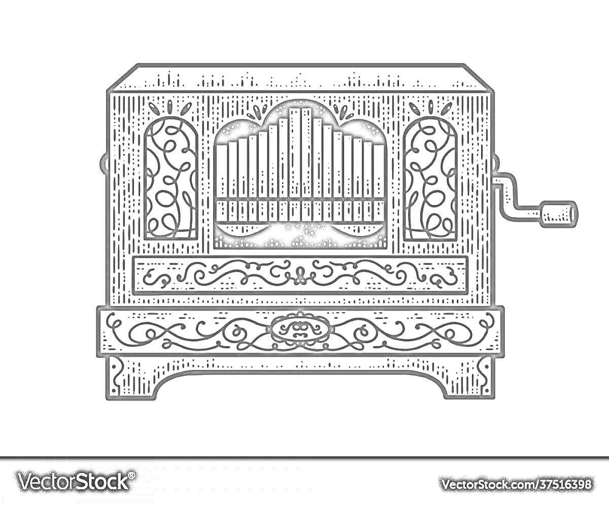 На раскраске изображено: Шарманка, Рукоятка, Декоративные элементы, Винтаж, Музыкальные инструменты