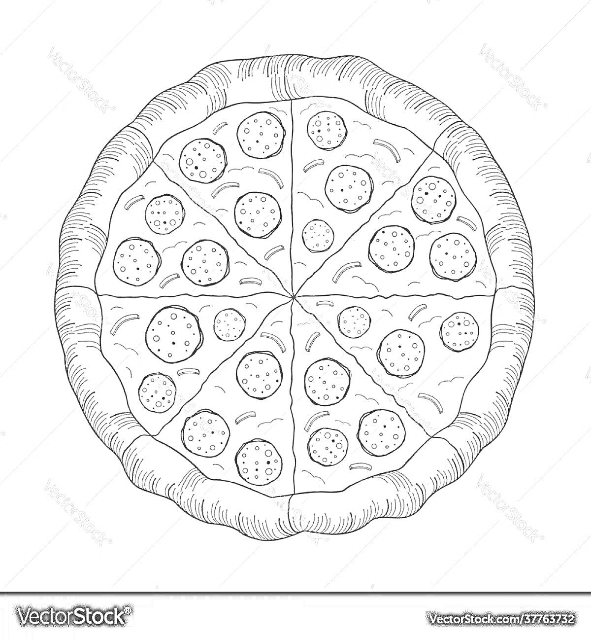 На раскраске изображено: Пицца, Еда, Колбаса, Сыр, Кухня