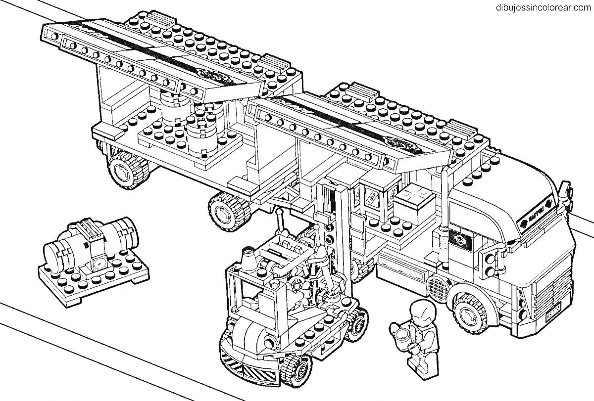 Раскраска Грузовик с подъемным механизмом и фигуркой, погрузчик, детали