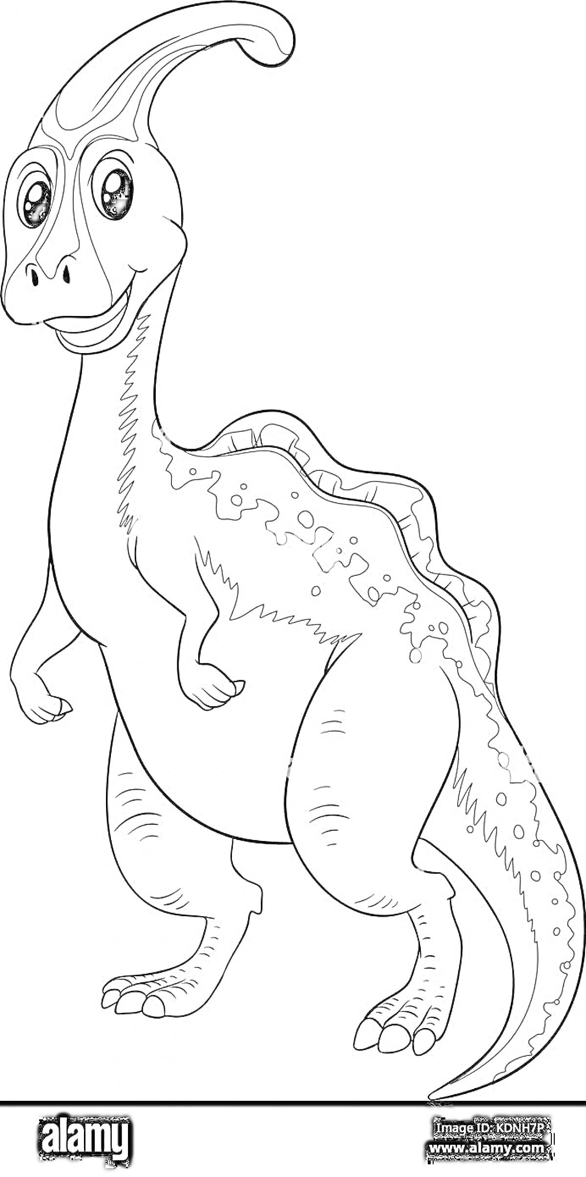 Раскраска Динозавр паразауролоф с гребнем на голове и улыбающимся лицом
