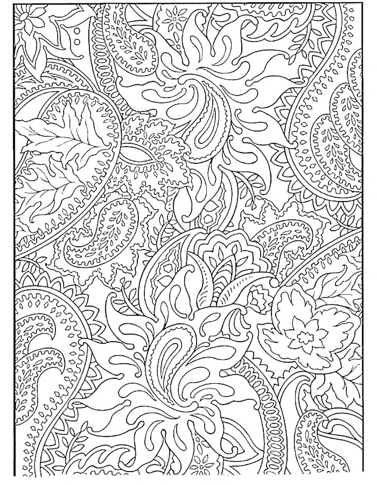 Раскраска Пейсли с элементами листьев и цветов
