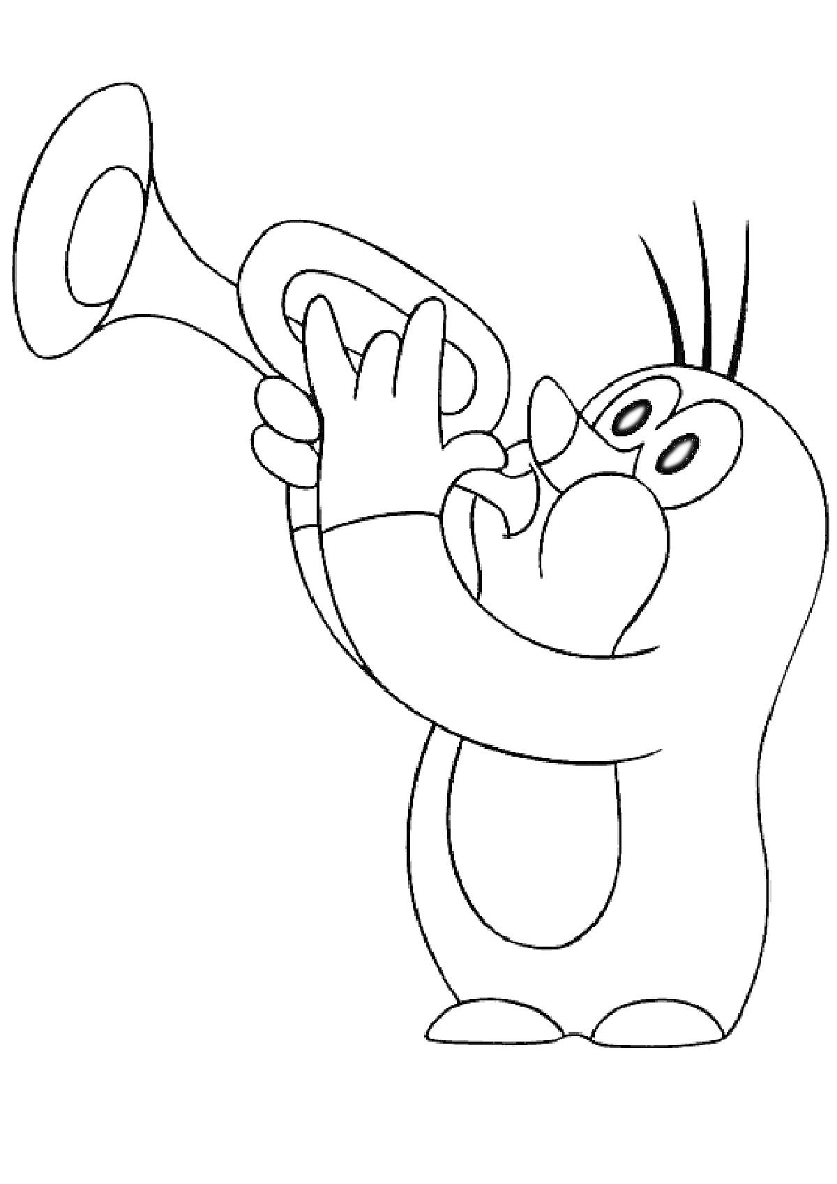 На раскраске изображено: Крот, Труба, Музыкальный инструмент, Из мультфильмов, Для детей