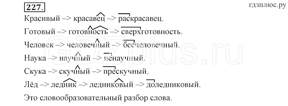 Раскраска пример морфемного разбора слов: красный, готовый, человек, наука, скука, лед