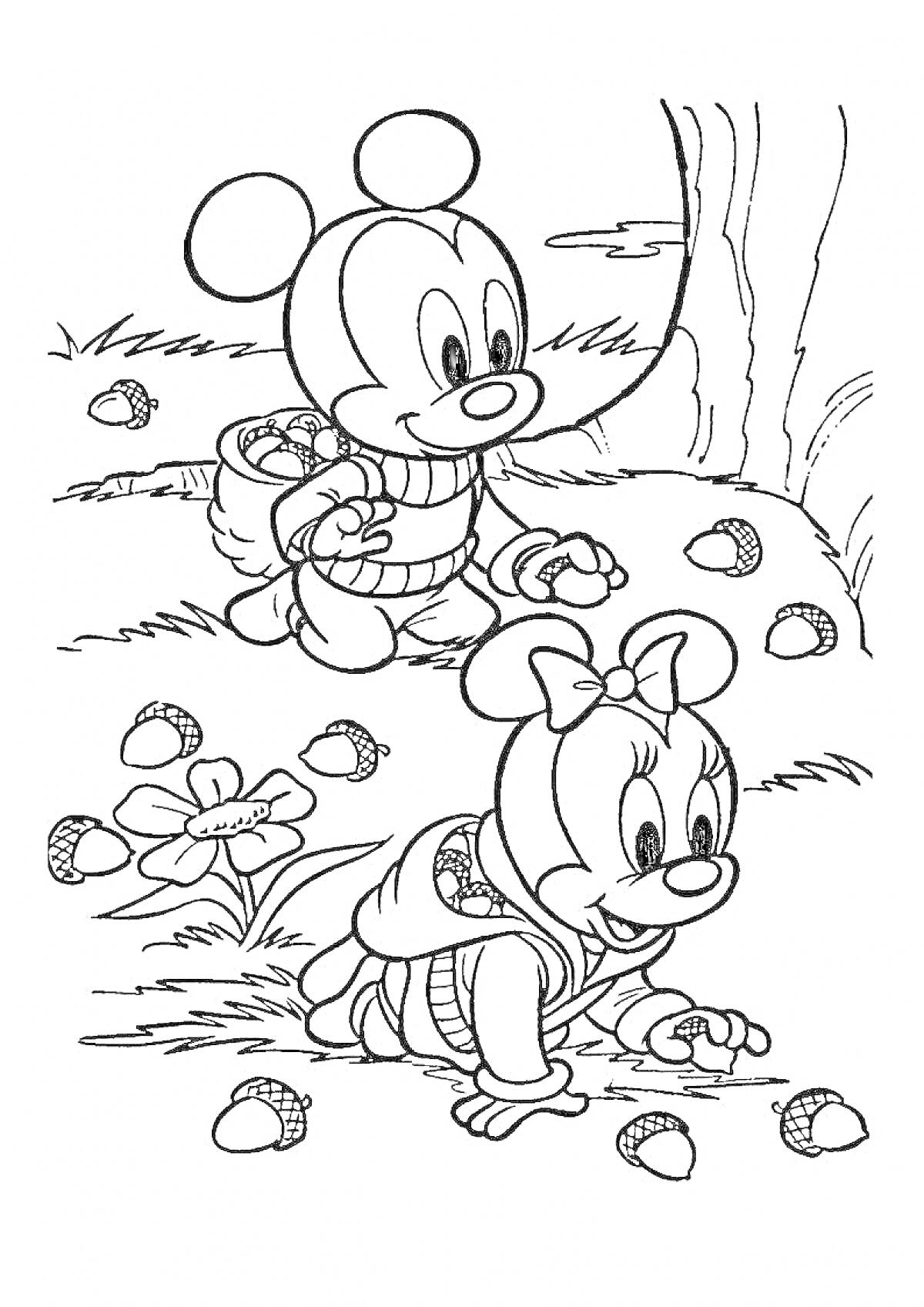 Раскраска Мышки на прогулке в лесу, собирают жёлуди