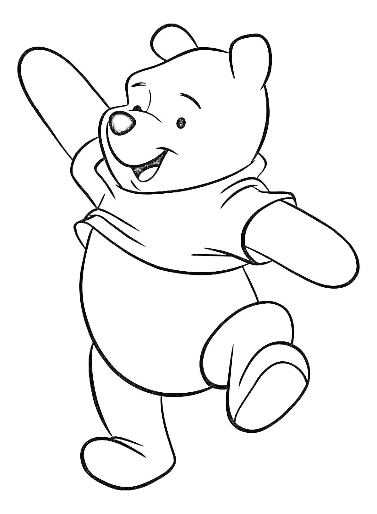 Раскраска Медведь в футболке, машущий рукой и поднимающий ногу