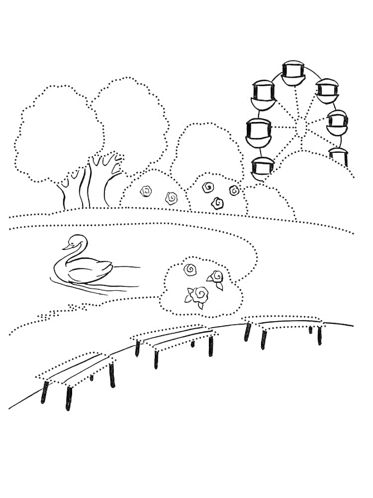 Раскраска Парк для детей с деревьями, кустами, лебедем на пруду, цветами, скамейками и колесом обозрения