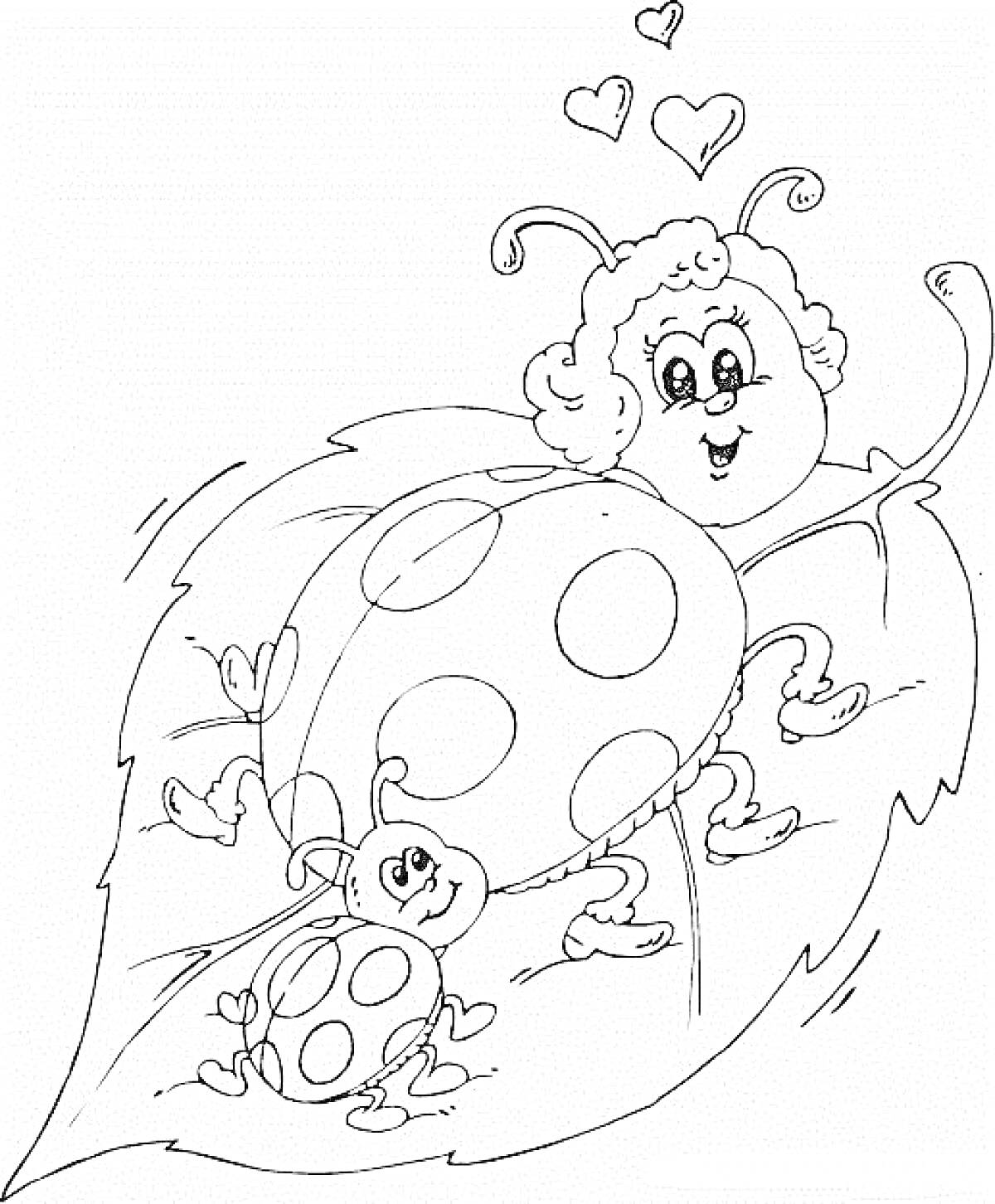 Раскраска Божьи коровки - мама и ребенок на листе с сердечками