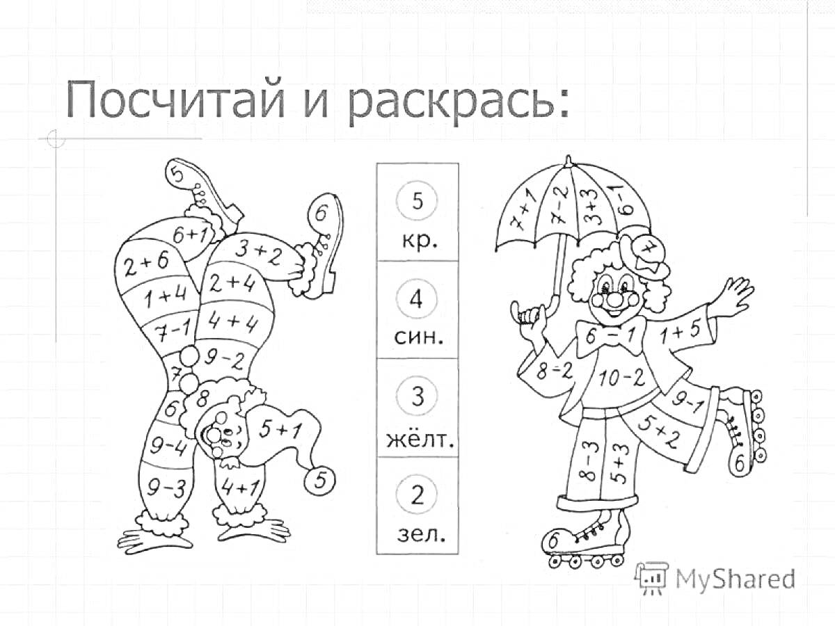 раскраска с двумя клоунами и подсказкой для раскрашивания по числам в пределах 10