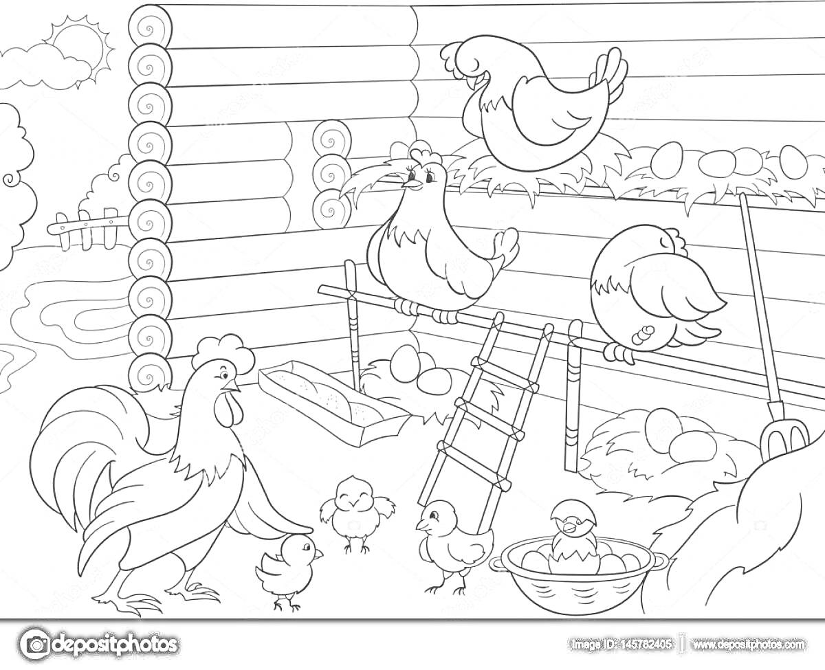 На раскраске изображено: Курятник, Петух, Цыплята, Лестница, Гнездо, Яйца, Кормушка, Ферма