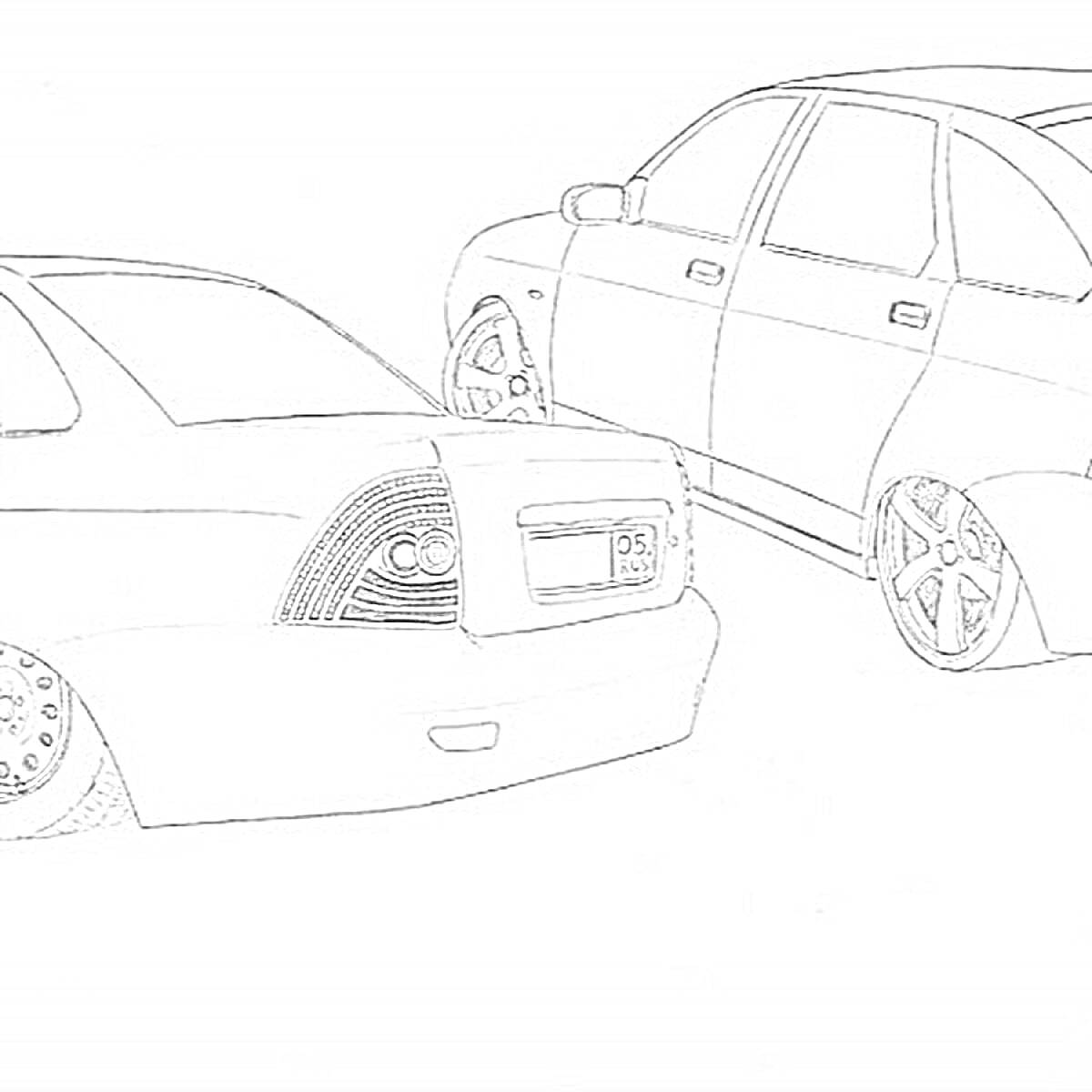 Раскраска Два автомобиля Лада Приора, вид сзади и сбоку, с дисками на колёсах
