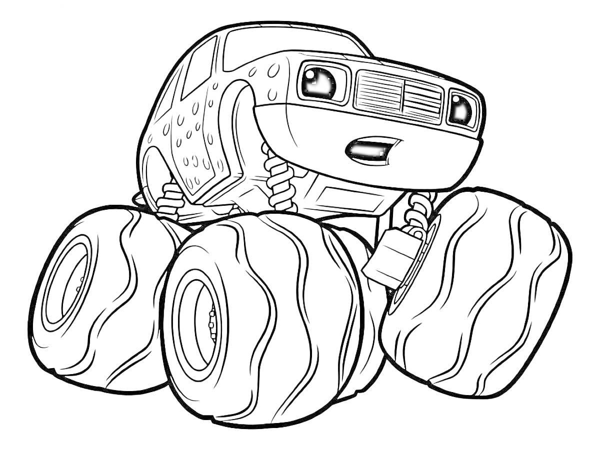 Раскраска Вспыш - герой мультфильма, огромный монстр-трак с большими колесами и пятнистым кузовом