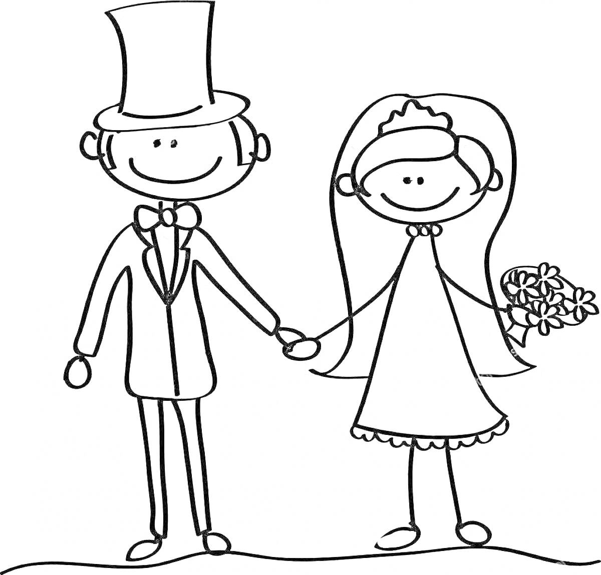 На раскраске изображено: Жених, Невеста, Свадьба, Цветы, Счастье, Свадебное платье, Фрак, Любовь, Радость