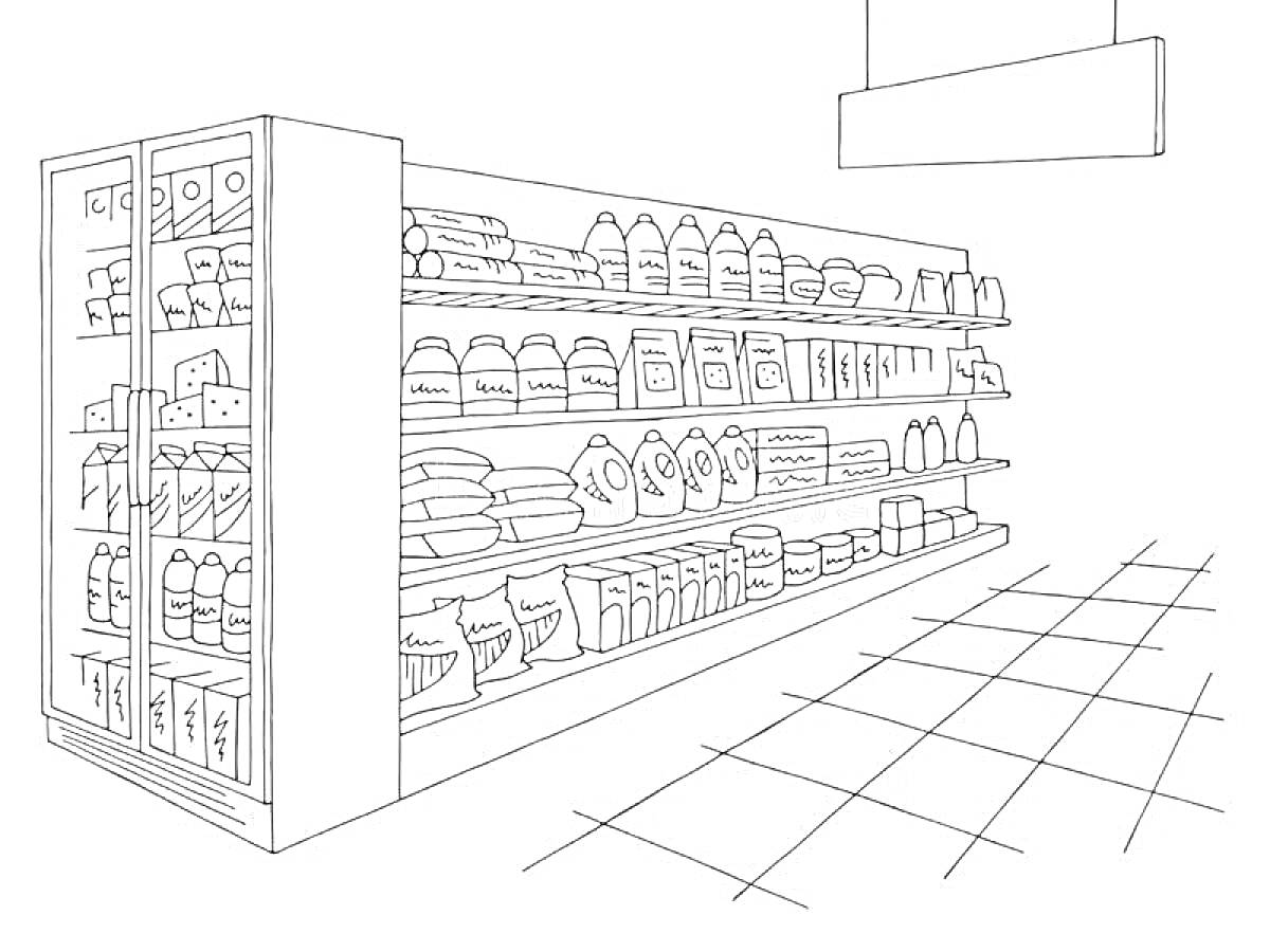 Раскраска Витрина магазина с полками, заполненными различными пакетами, коробками и бутылками