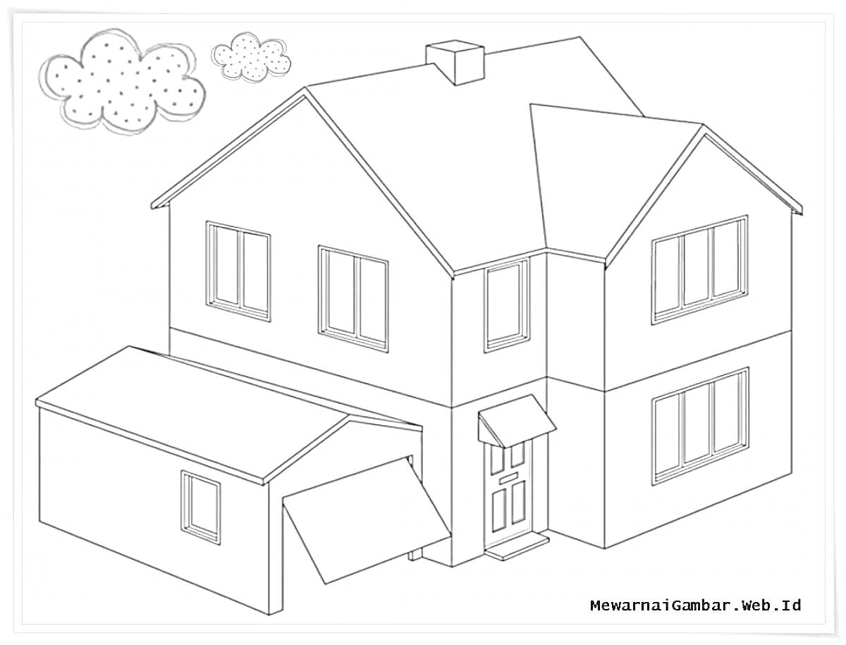 Раскраска Двухэтажный дом с гаражом и облаками на заднем плане