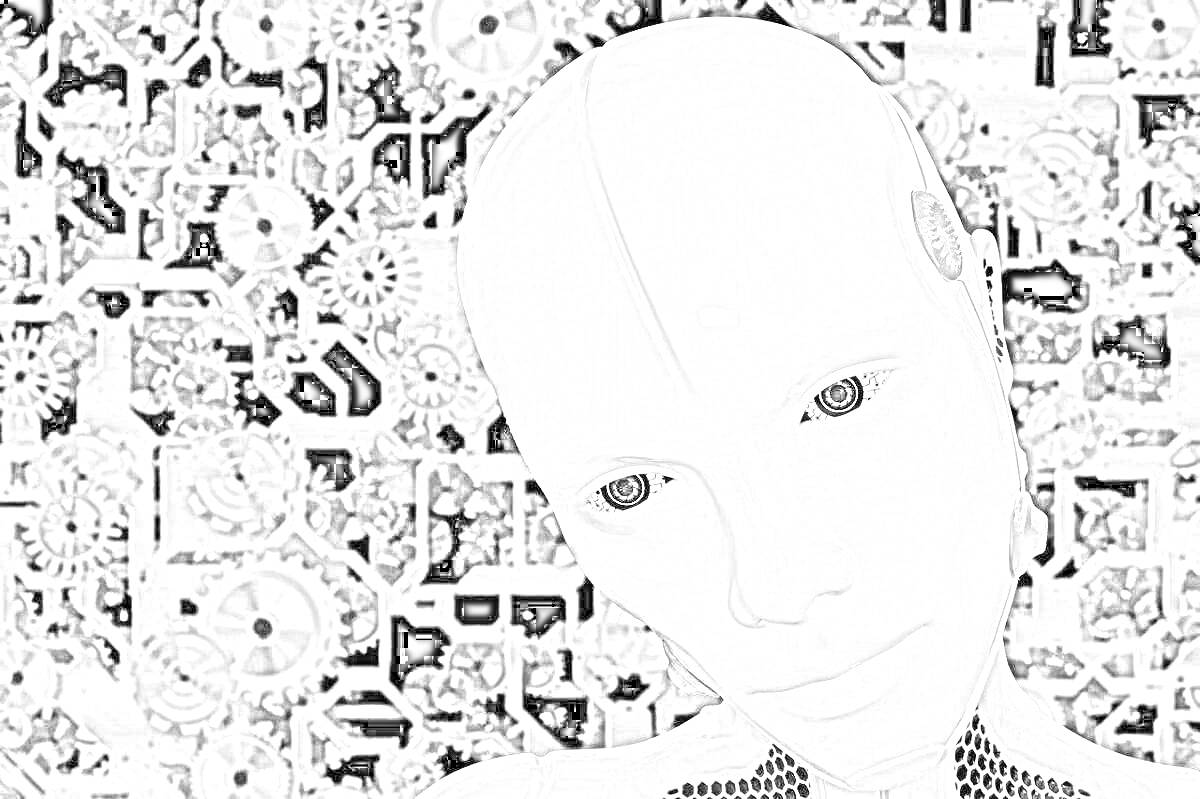 На раскраске изображено: Искусственный интеллект, Робот, Шестеренки, Механизмы, Футуризм