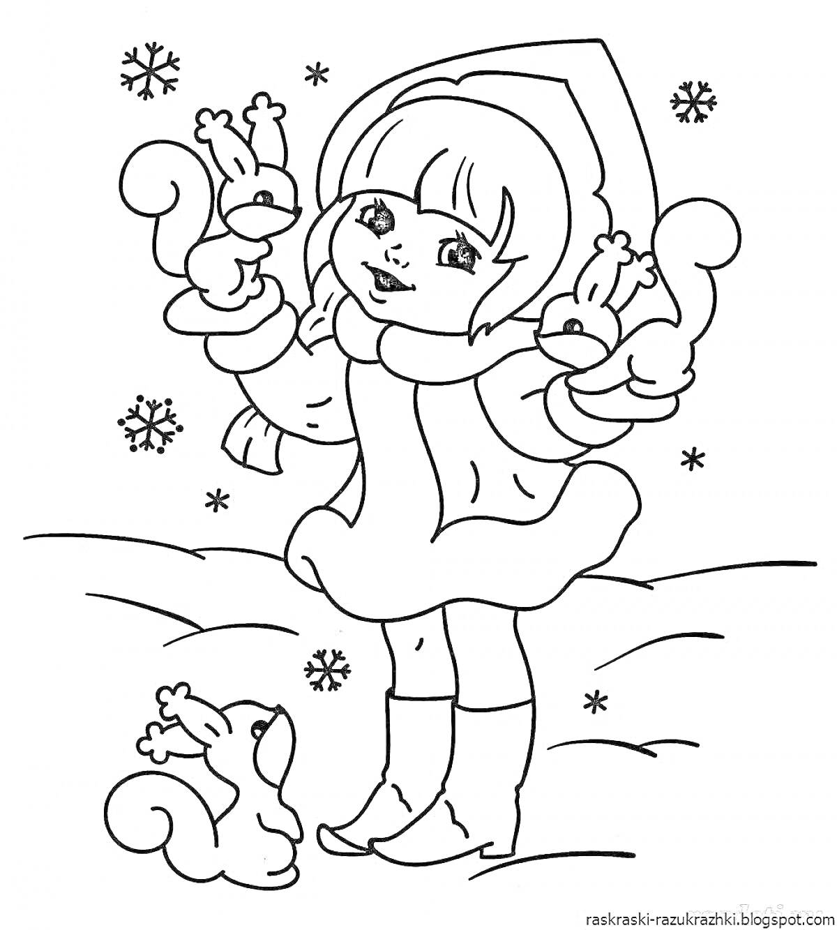 На раскраске изображено: Снегурочка, Снег, Зима, Снежинки, Девочка, Зимняя одежда