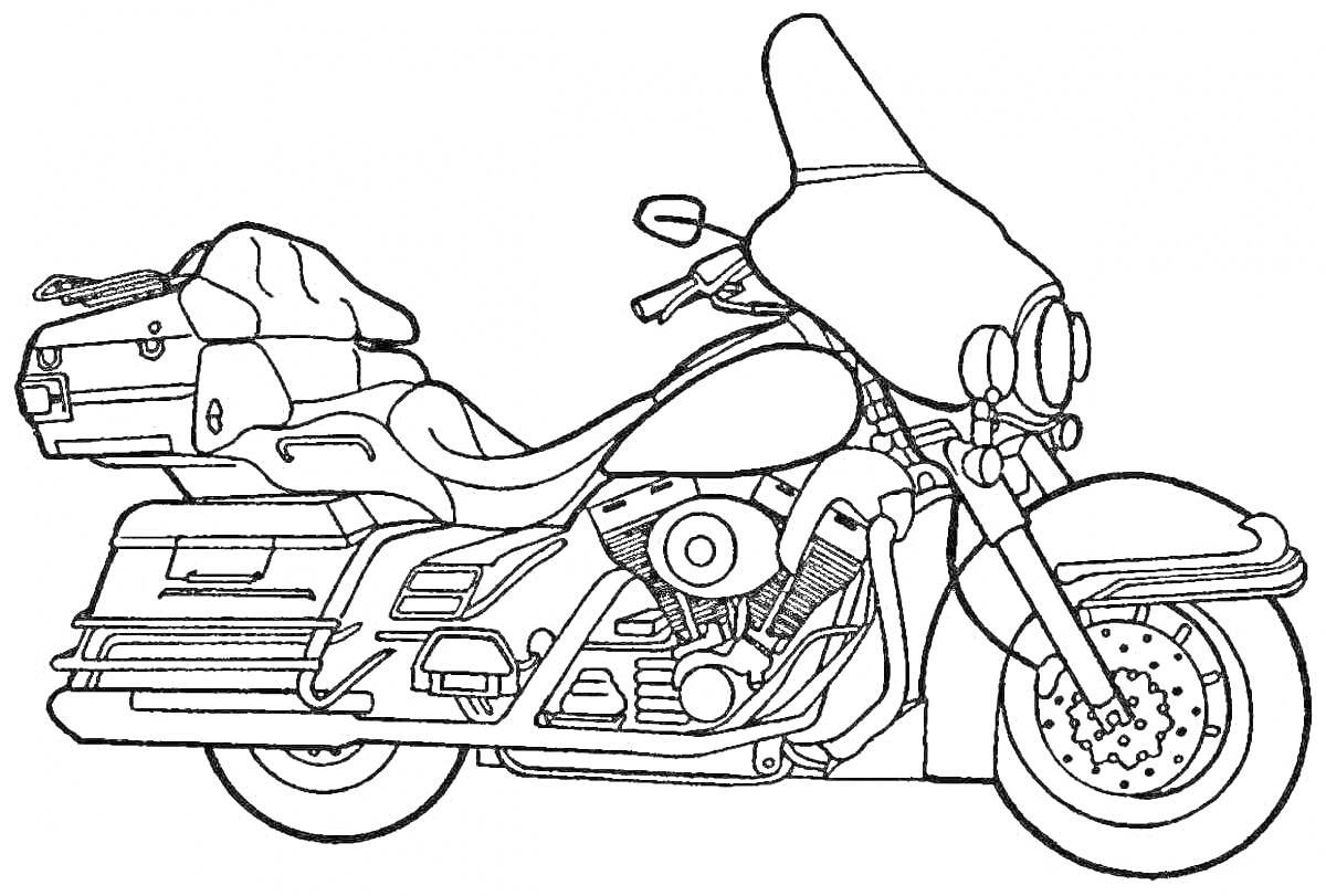 Раскраска Мотоцикл с седельными сумками, защитным стеклом и двухместным сиденьем