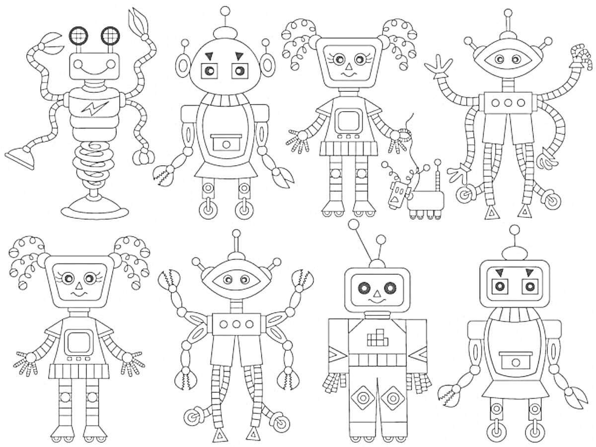 Раскраска Раскраска с роботами учителями, девять роботов с разными формами, включая одного маленького робота-питомца, размахивающие руками, с антеннами, шестернями, и пружинами