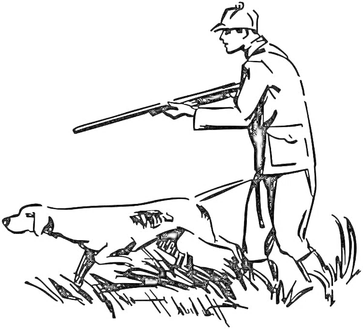 Раскраска Охотник с ружьём и охотничьей собакой на травяном поле