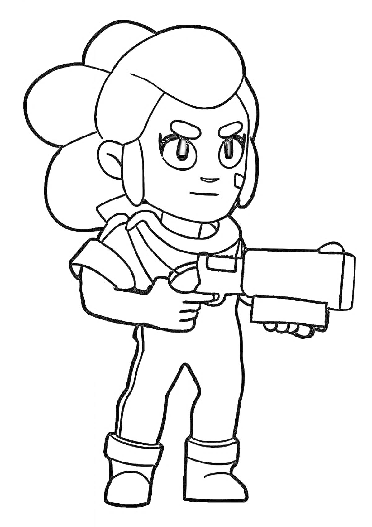 Раскраска Раскраска с персонажем шутом в костюме, держащим в руках крупное оружие