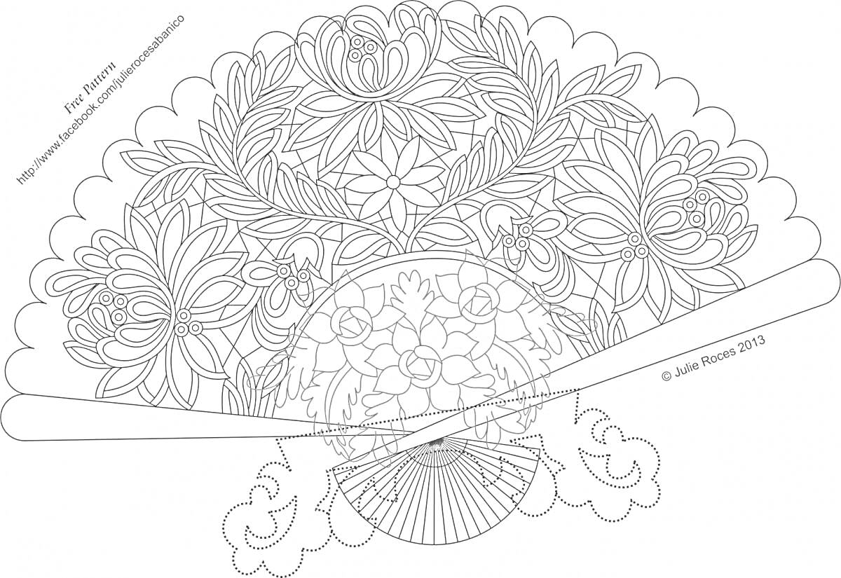 На раскраске изображено: Веер, Китайский, Цветы, Узоры, Искусство, Дизайн