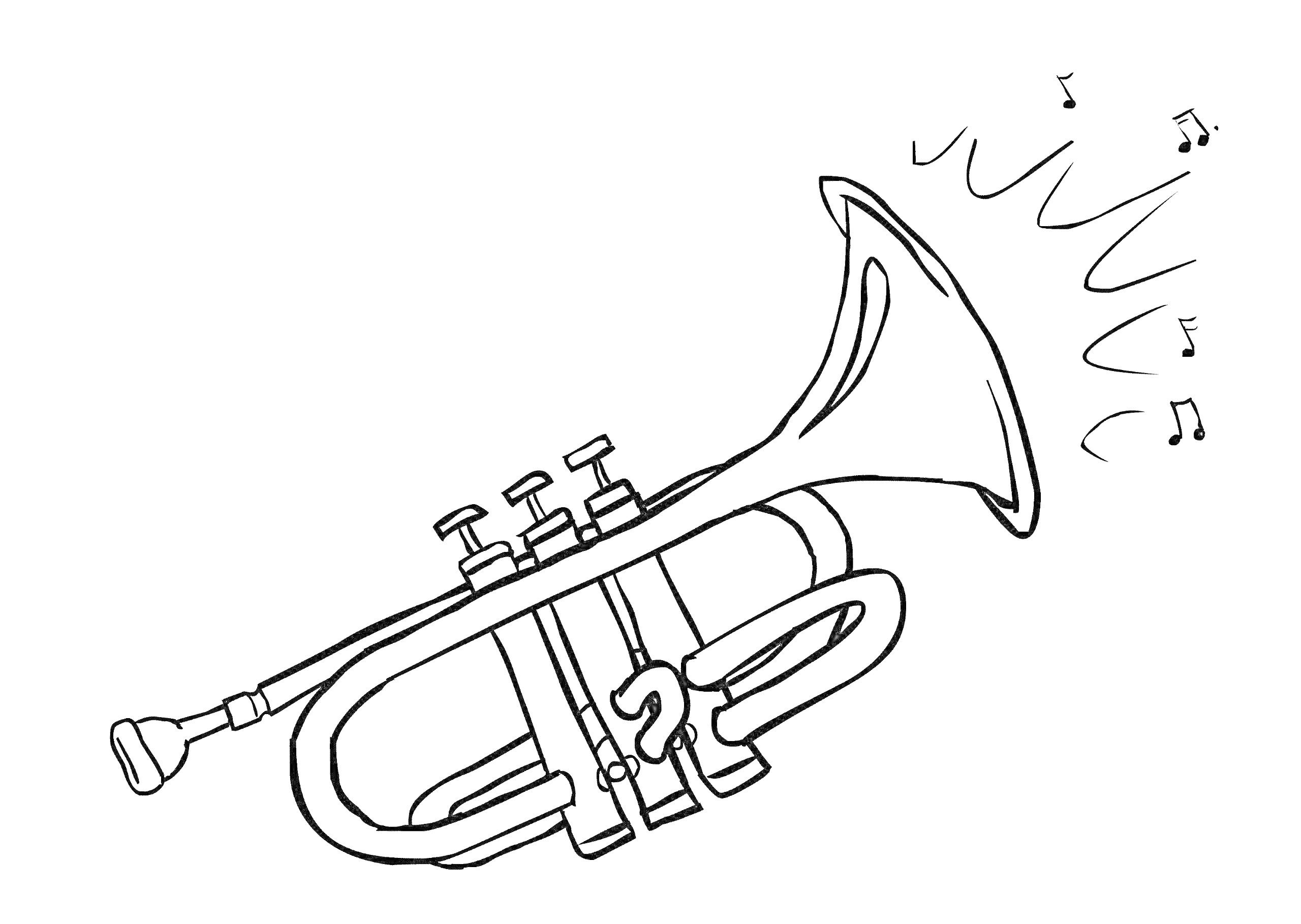 На раскраске изображено: Труба, Музыкальный инструмент, Ноты, Звуки, Контурные рисунки