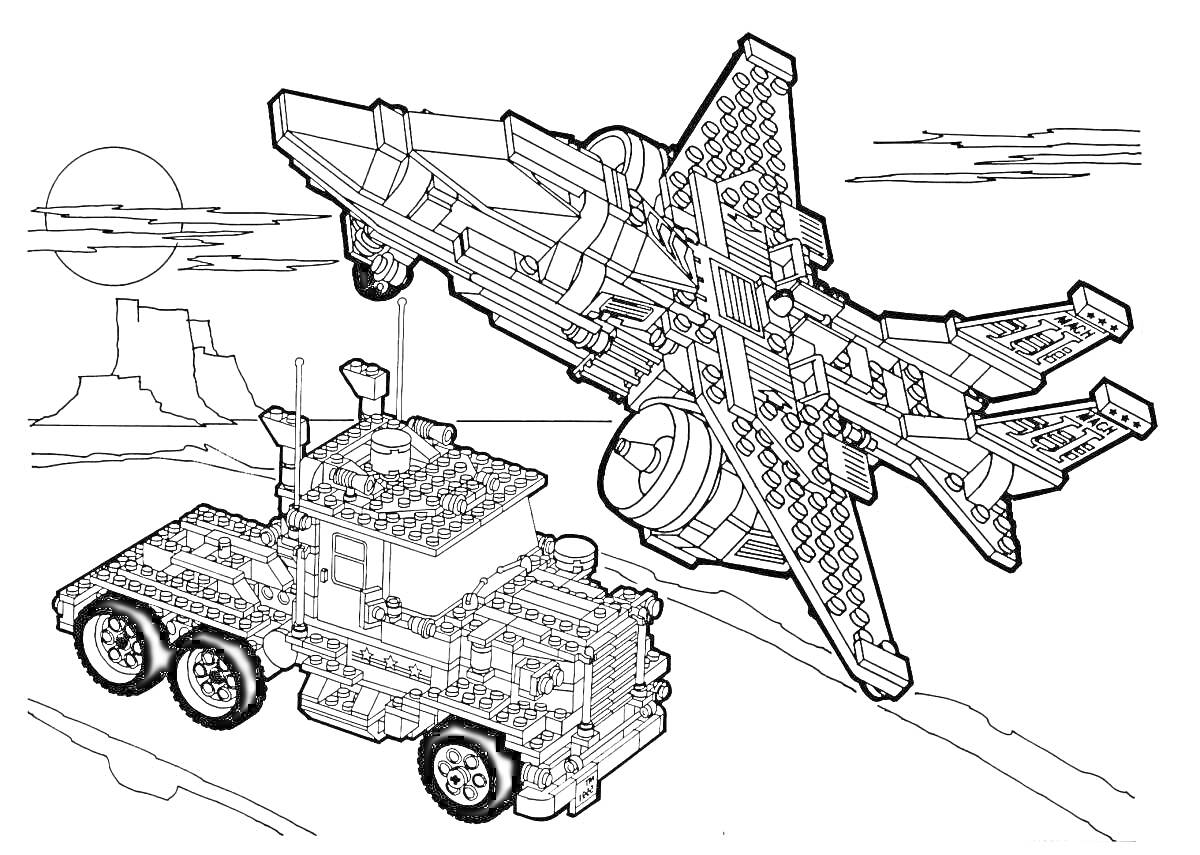 Раскраска Военные Лего: грузовик и истребитель на фоне пейзажа