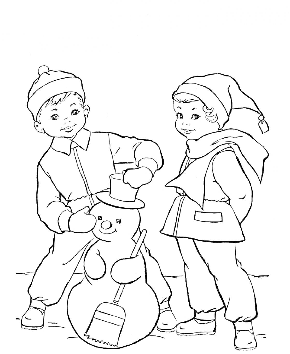 РаскраскаМальчик и девочка лепят снеговика с метлой и шляпой