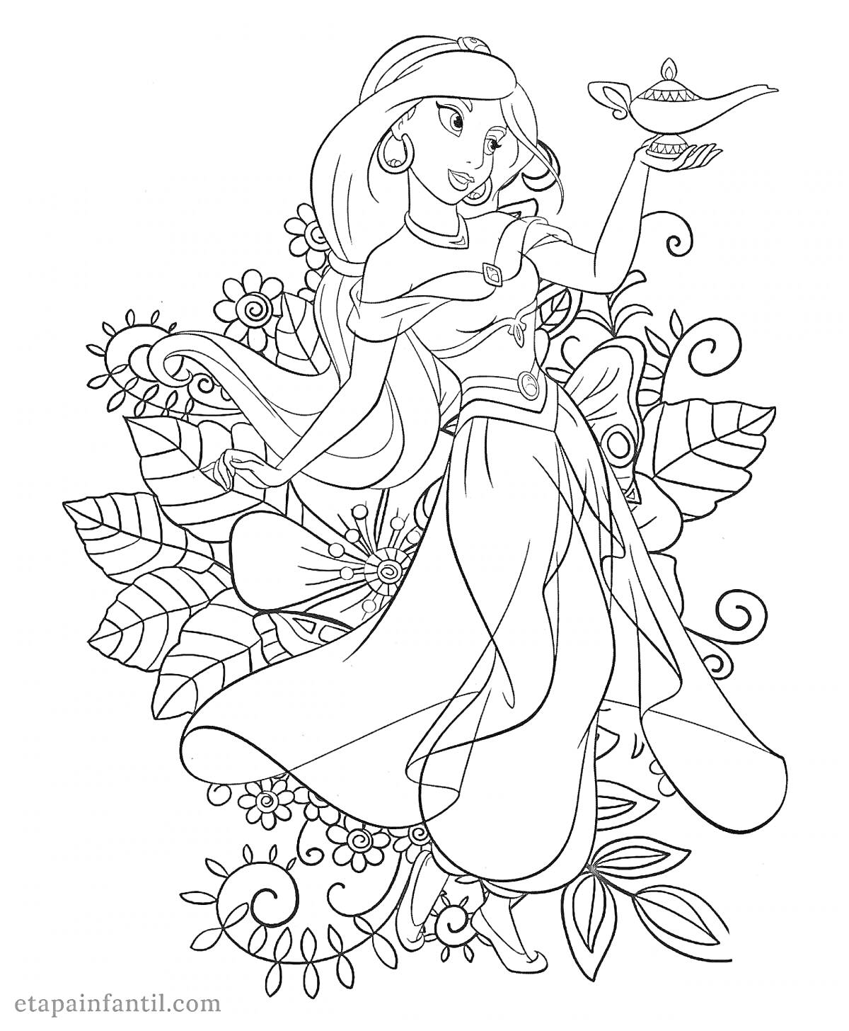 На раскраске изображено: Принцесса, Лампа, Цветы, Листья, Жасмин