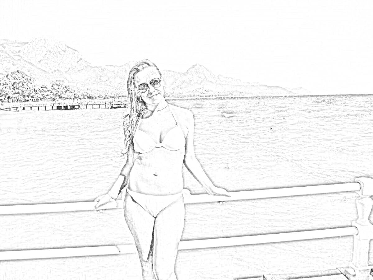 Раскраска Девушка в купальнике на причале с видом на море и горы