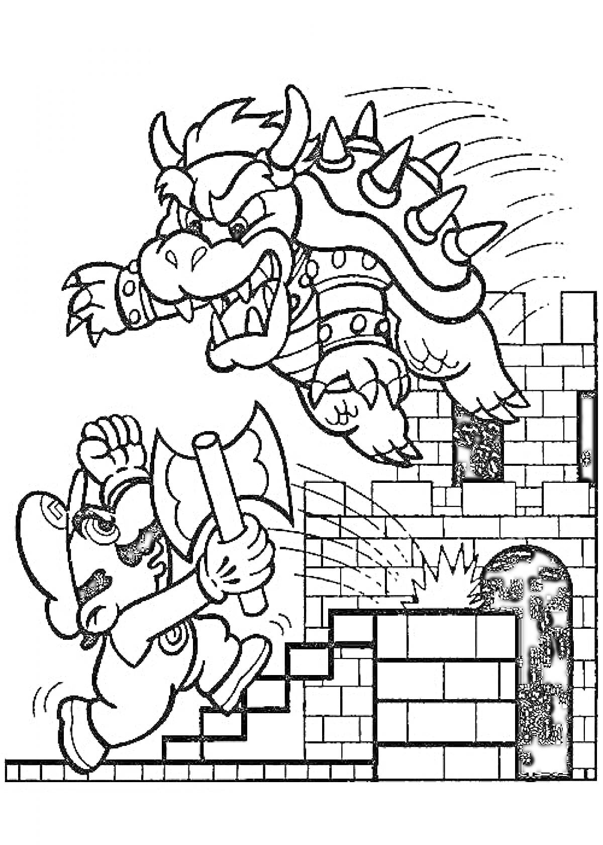РаскраскаМарио с топором против Боузера на лестнице замка