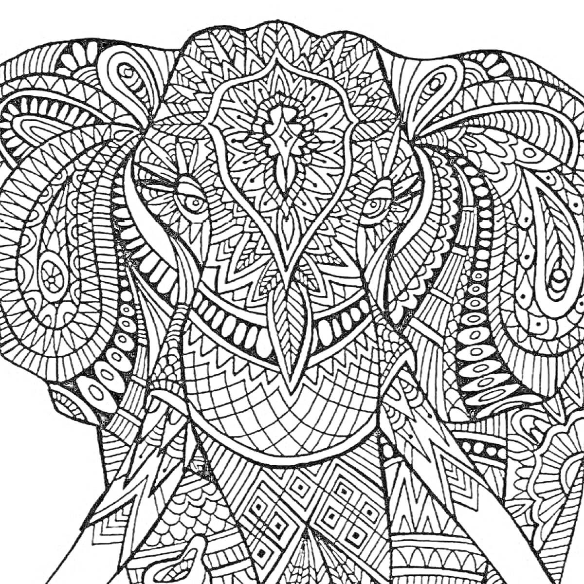 Раскраска Антистресс раскраска с изображением слона с замысловатыми узорами и геометрическими фигурами.