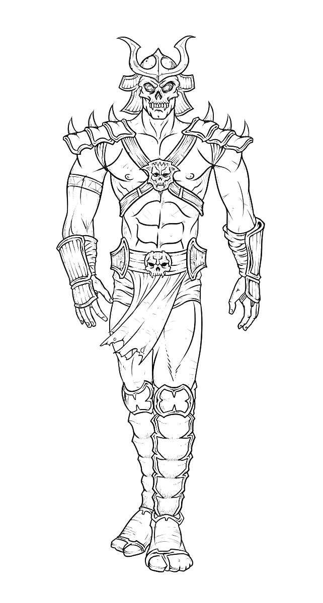 Раскраска Мужчина в доспехах с рогатым шлемом и плечевыми накладками, с обвисшими тканями на бедрах и броней на ногах