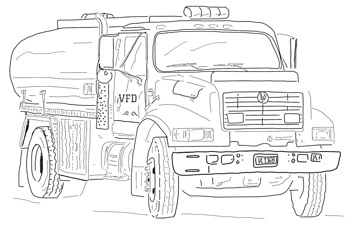 На раскраске изображено: Полицейский грузовик, Цистерна, Мигалки, Транспорт, Полицейская машина