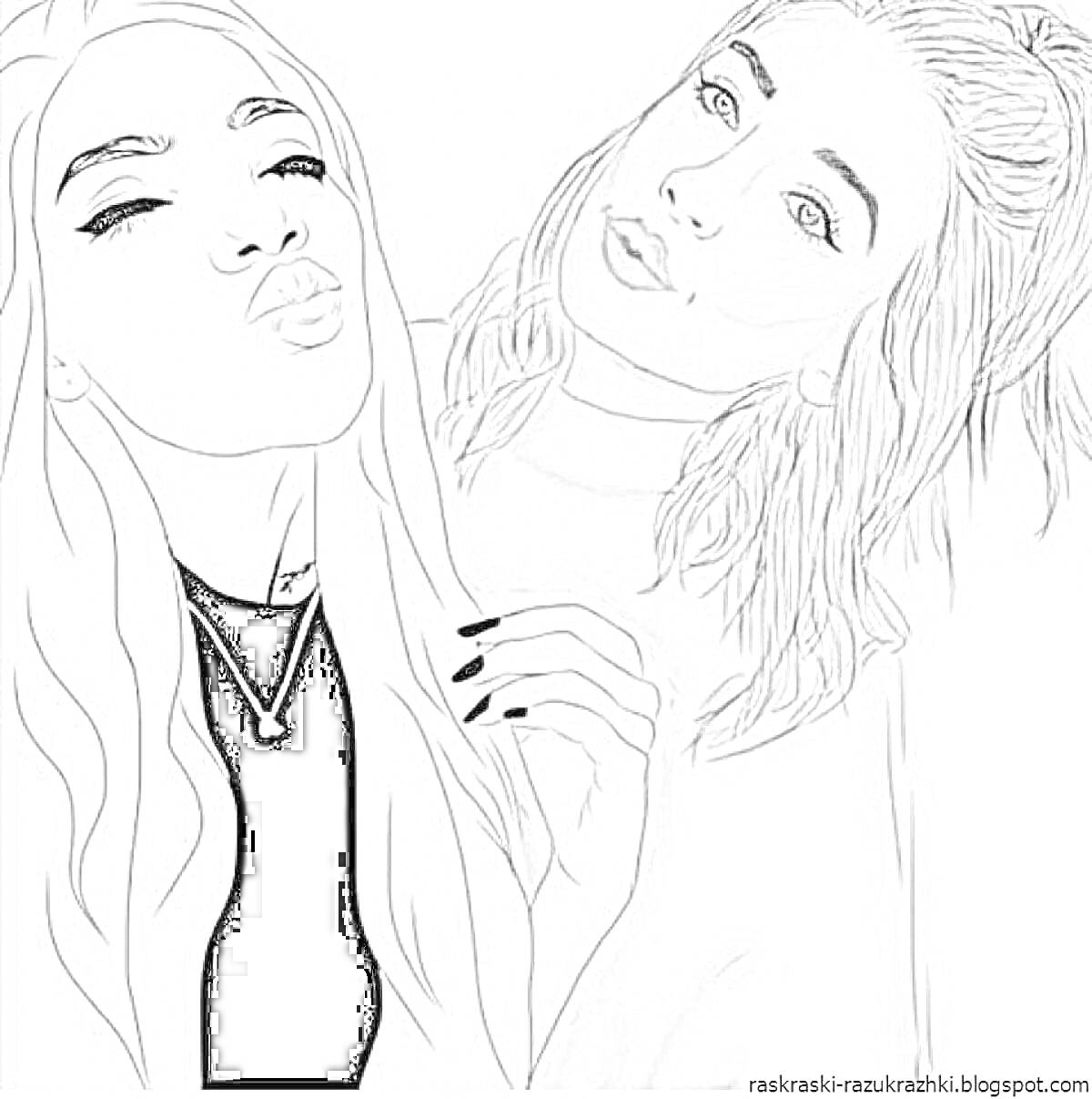 Раскраска Две подруги с длинными волосами позируют для фото