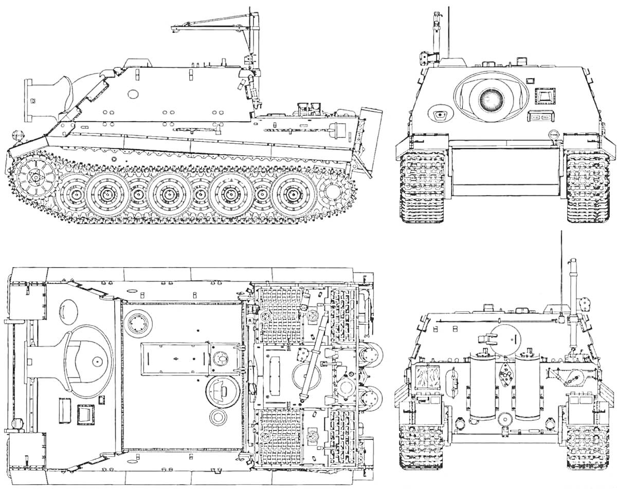 Раскраска Чертеж Штурмтигр в четырёх проекциях: вид сбоку, вид спереди, вид сверху и вид сзади