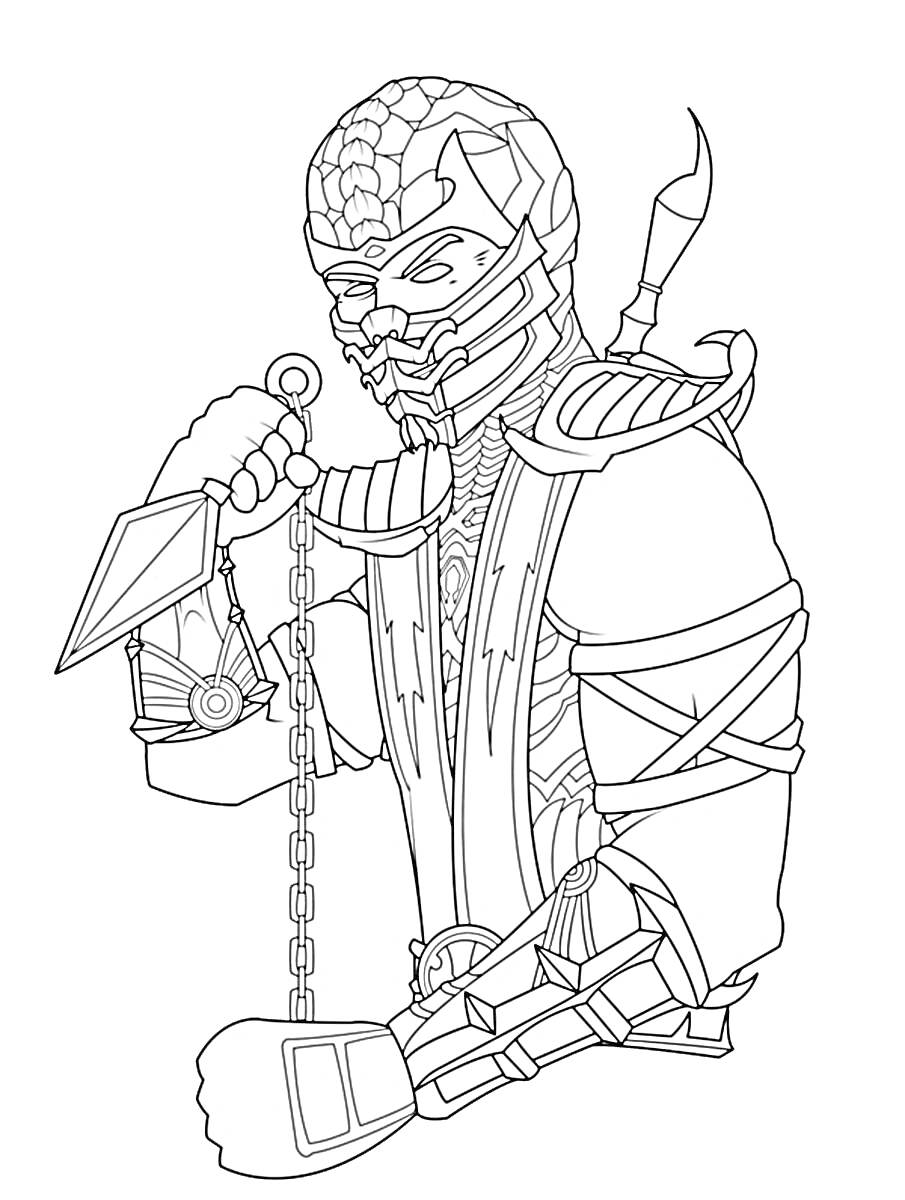 Раскраска Воин в маске с оружием и цепями