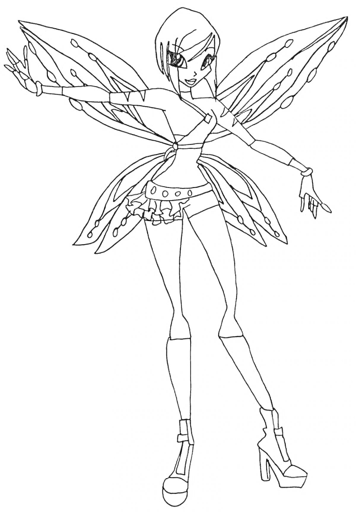 Раскраска Текна из Винкс с волшебными крыльями и короткой юбкой, позирует на высоких каблуках