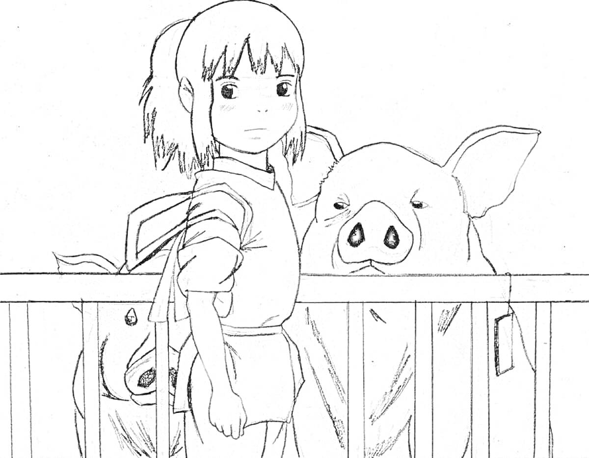 На раскраске изображено: Девочка, Свиньи, Традиционная одежда, Забор, Аниме