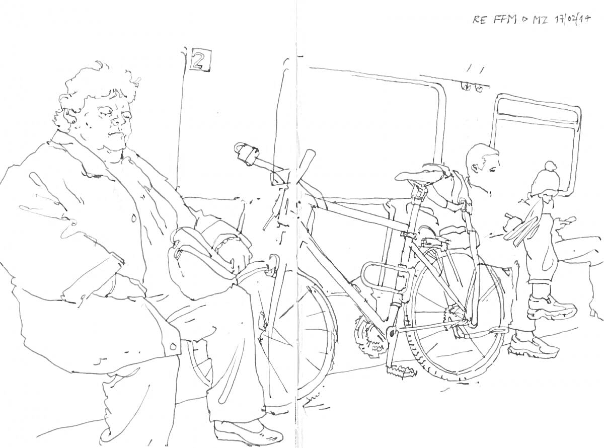 На раскраске изображено: Пожилой мужчина, Стул, Велосипед, Зимняя одежда, Комната