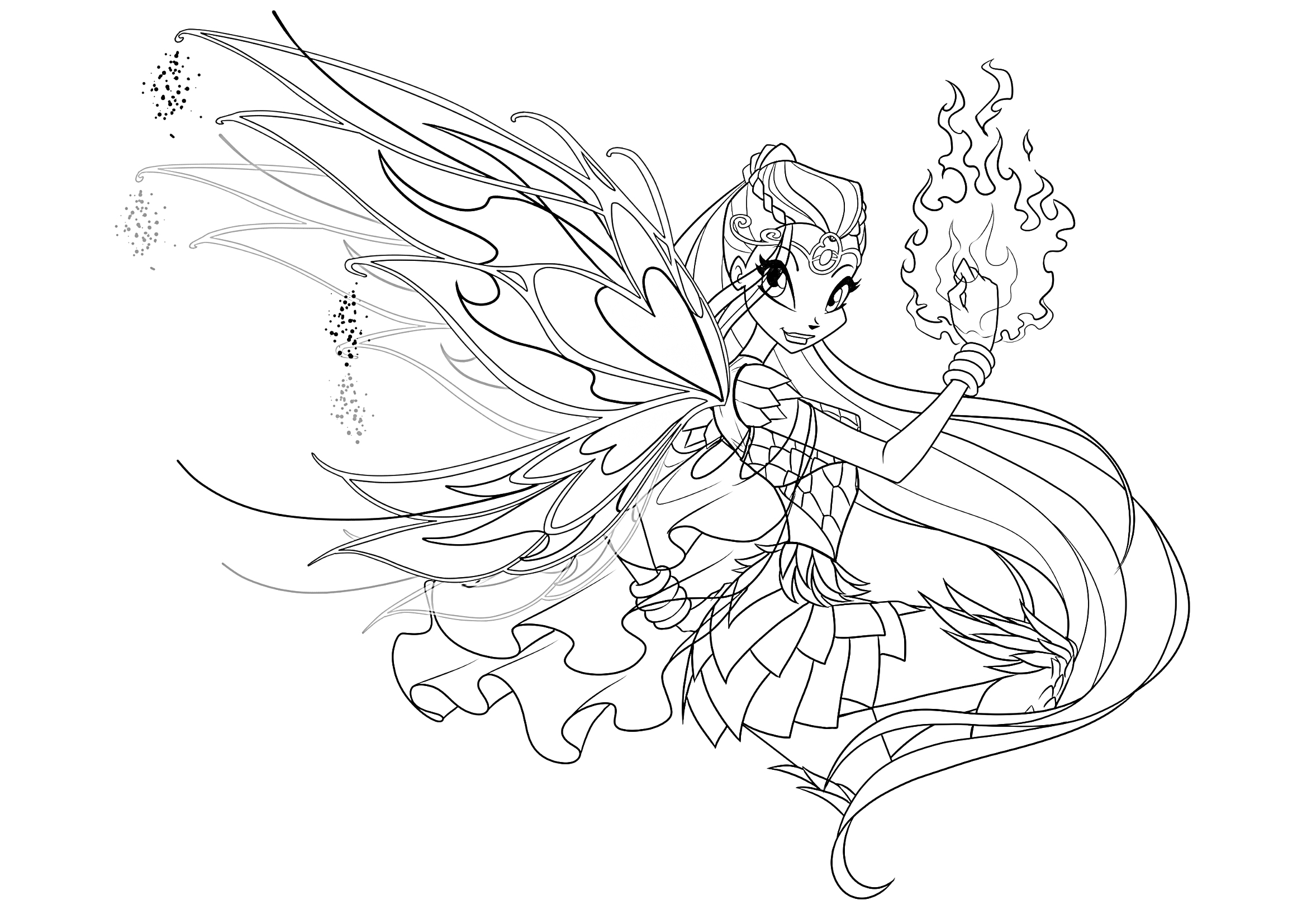 Раскраска Фея с длинными волосами и крыльями, держащая огненный шар