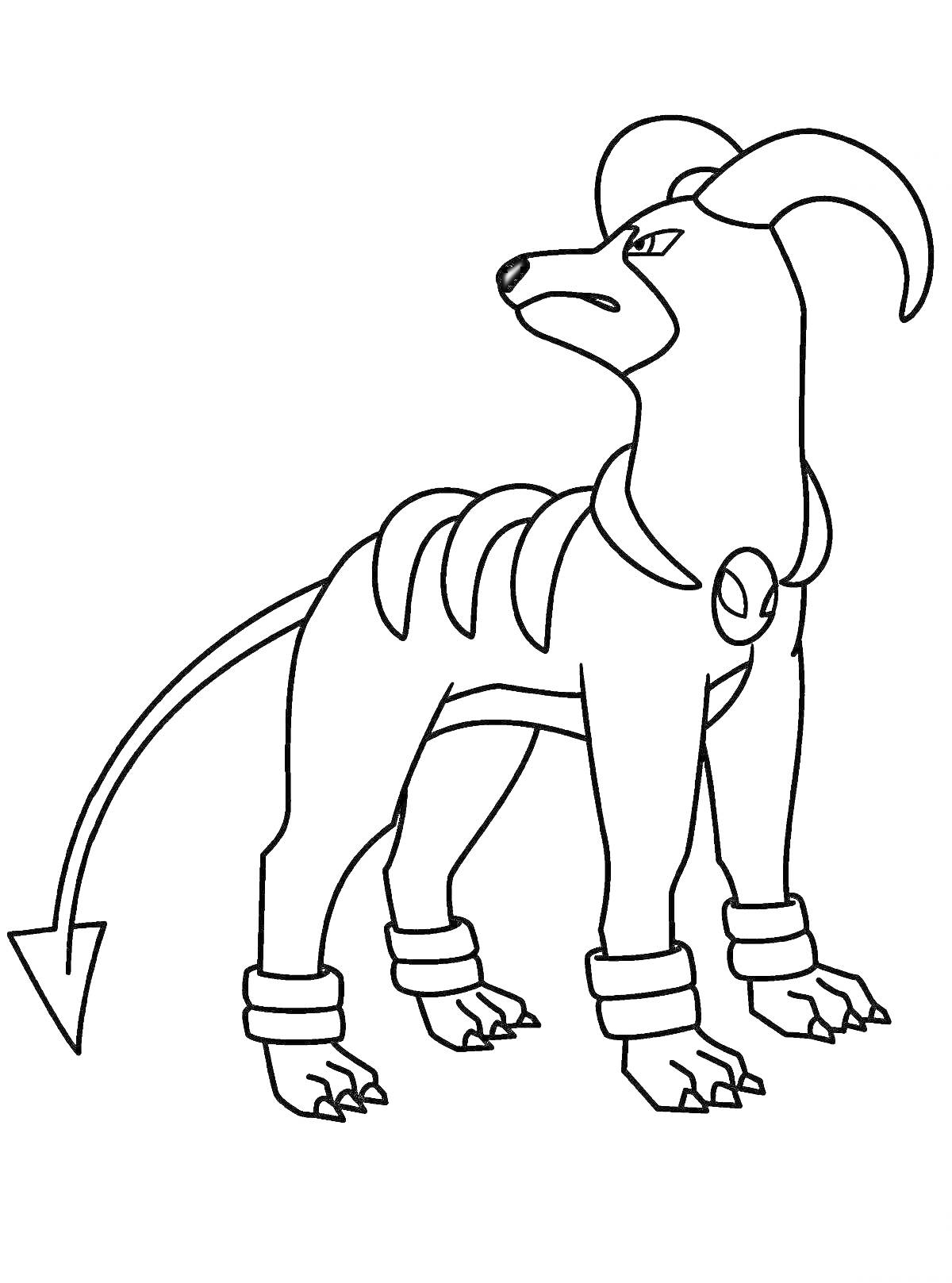 Раскраска Собака с рогами, ошейником, кольцами на лапах и хвостом со стрелкой