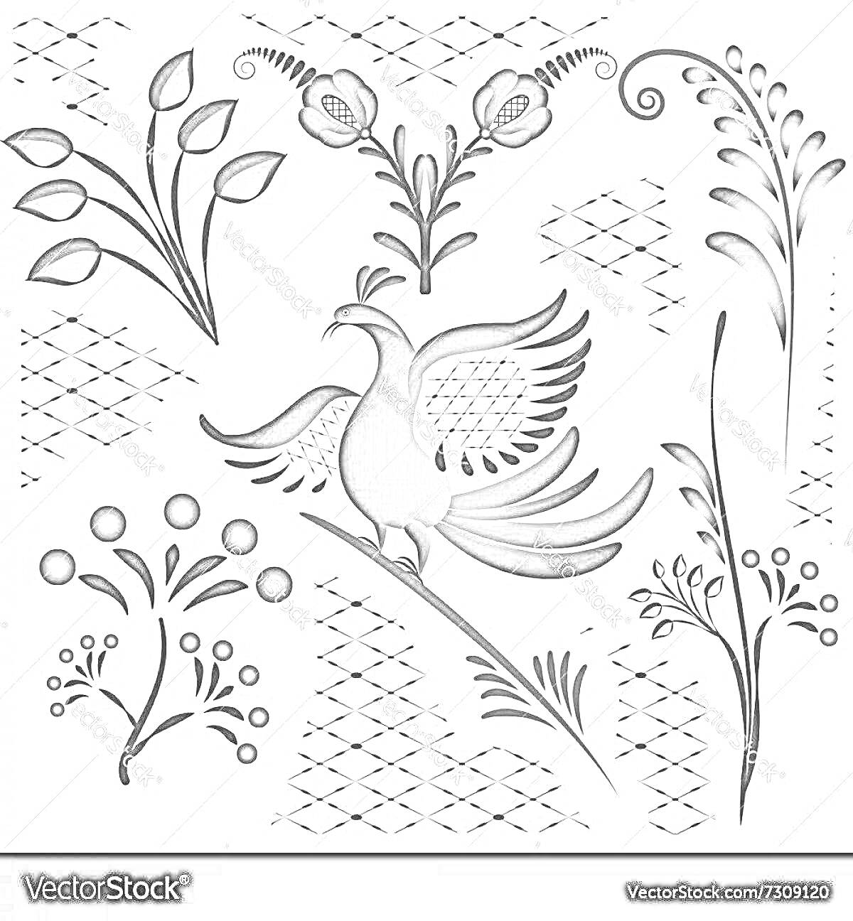 Раскраска Птица в стиле гжель с цветочными элементами и орнаментами, включая листья, цветы, ветки и абстрактные узоры.