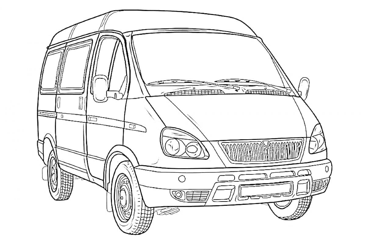 Газель Некст, фургон с мягкими линиями, боковые зеркала, фары, номерной знак, колеса, двери без окон