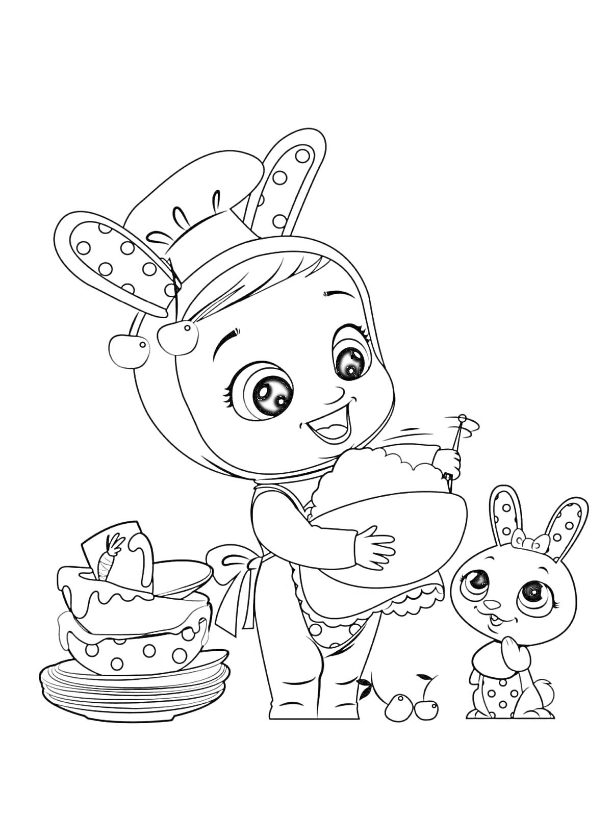 На раскраске изображено: Малыш, Кролик, Торт, Готовка, Кухня, Детство, Дружба