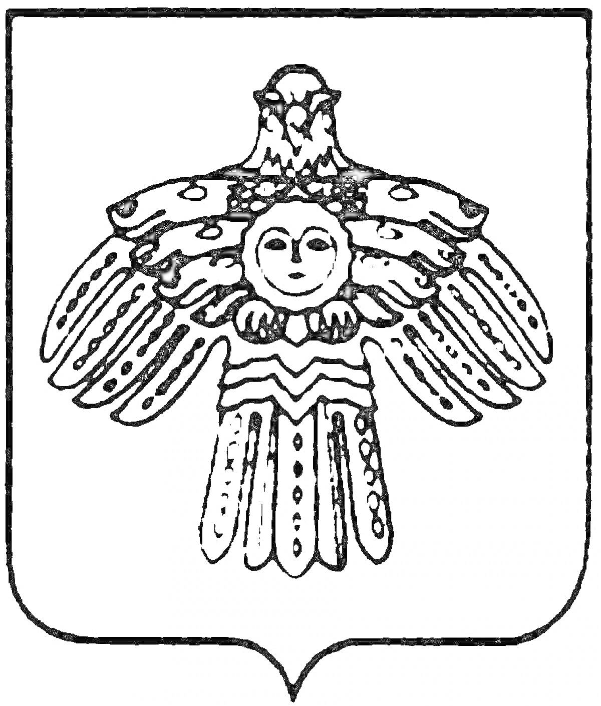 Раскраска Герб с изображением птицы с расправленными крыльями и человеческим лицом на груди