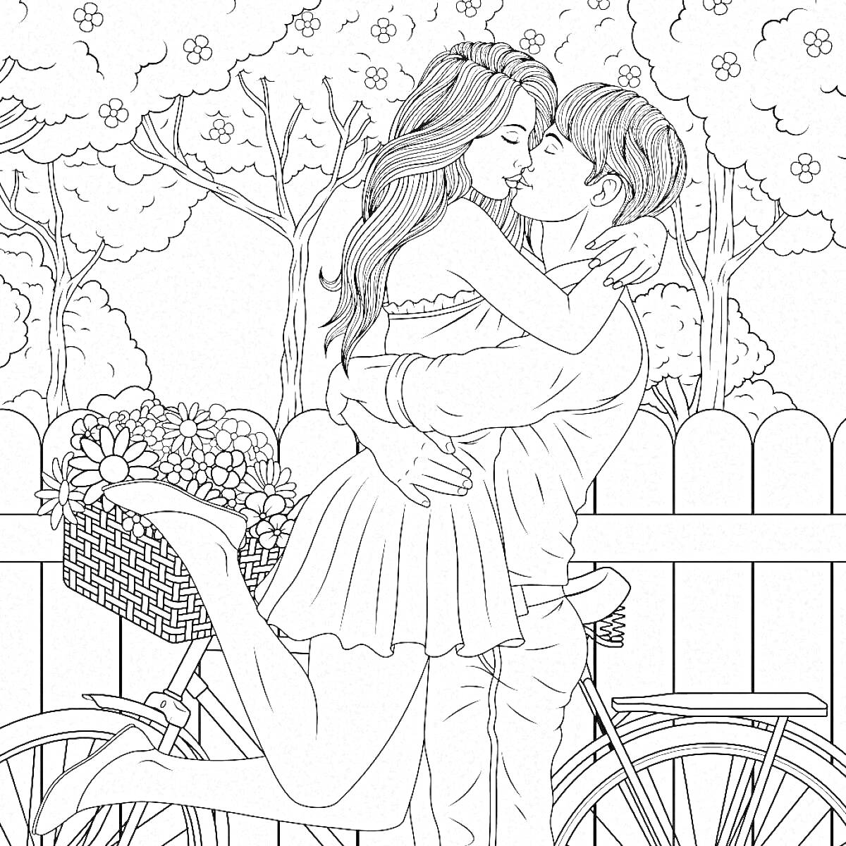 На раскраске изображено: Пара, Поцелуй, Велосипед, Корзина, Цветы, Забор, Деревья, Романтика, Любовь