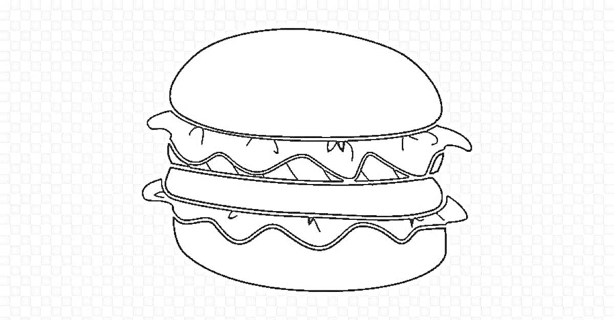 Раскраска раскраска гамбургера с булочкой, листьями салата, ломтиками помидора и котлетой