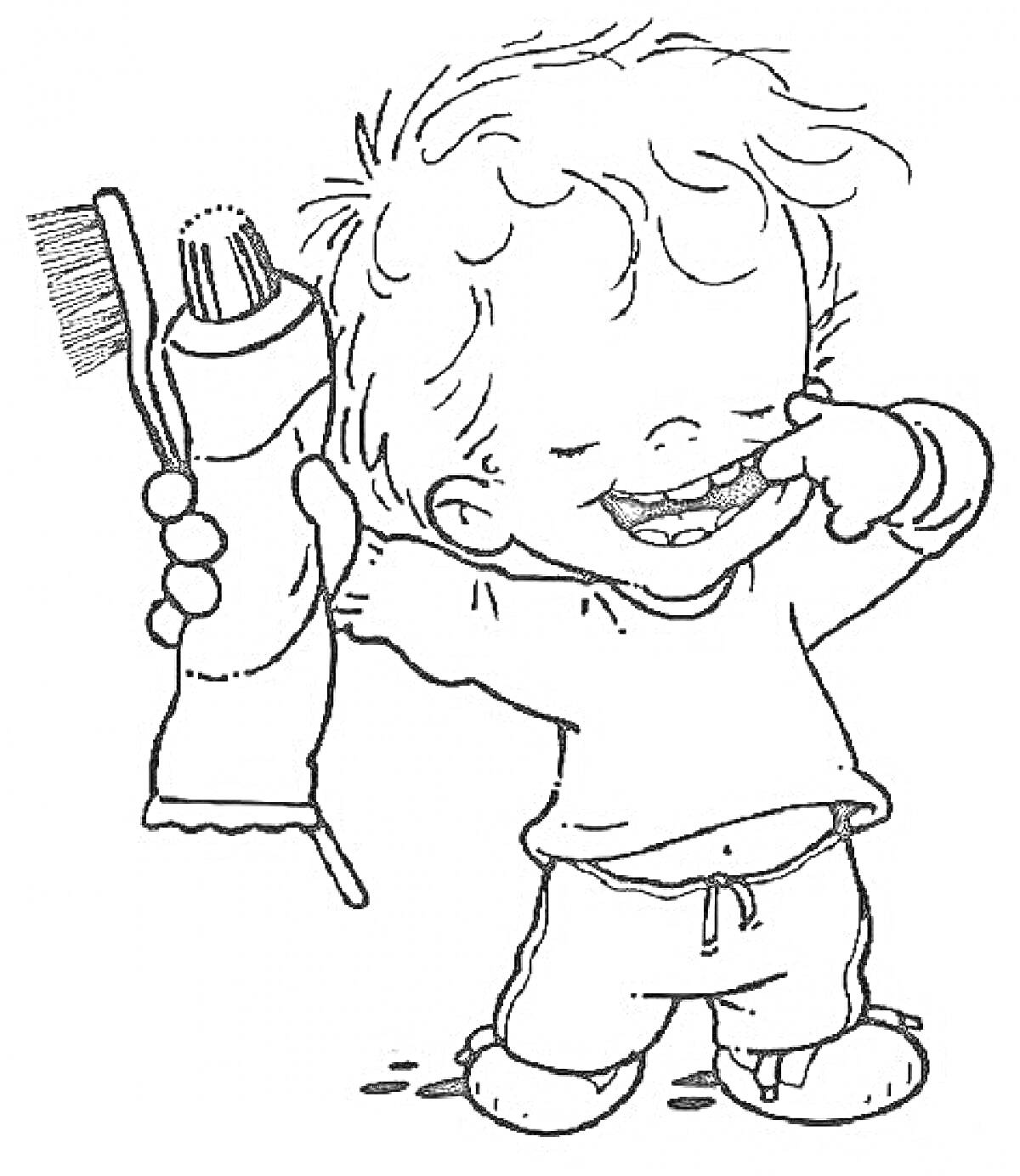Раскраска Малыш с зубной пастой и щеткой