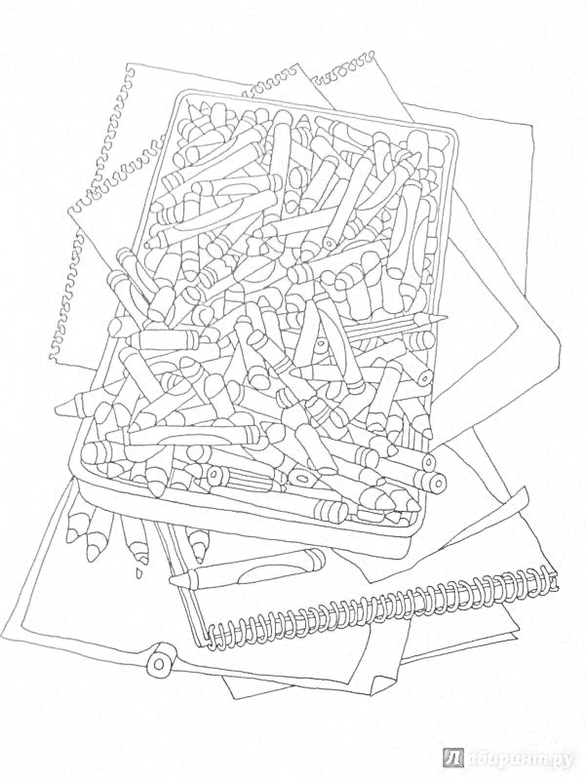 Раскраска Восковые мелки в контейнере, блокноты и листы бумаги